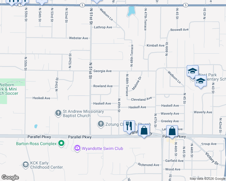 map of restaurants, bars, coffee shops, grocery stores, and more near 2511 North 49 Terrace in Kansas City