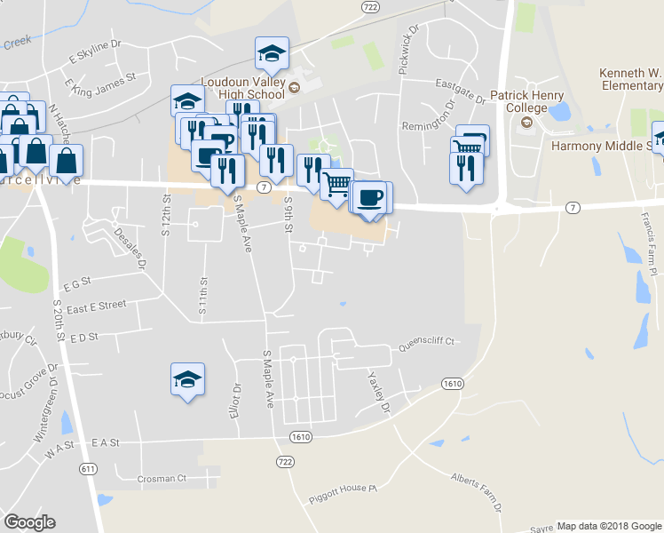 map of restaurants, bars, coffee shops, grocery stores, and more near 201 Frazer Drive in Purcellville
