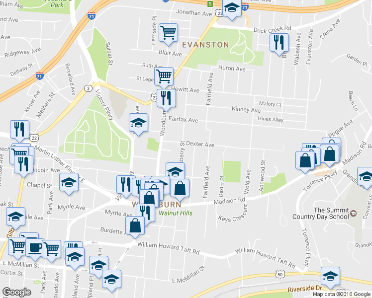 map of restaurants, bars, coffee shops, grocery stores, and more near 3052 Hackberry St in Cincinnati