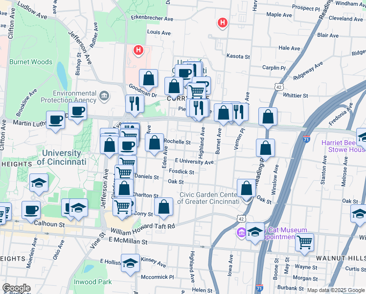map of restaurants, bars, coffee shops, grocery stores, and more near 2921 Bellevue Avenue in Cincinnati