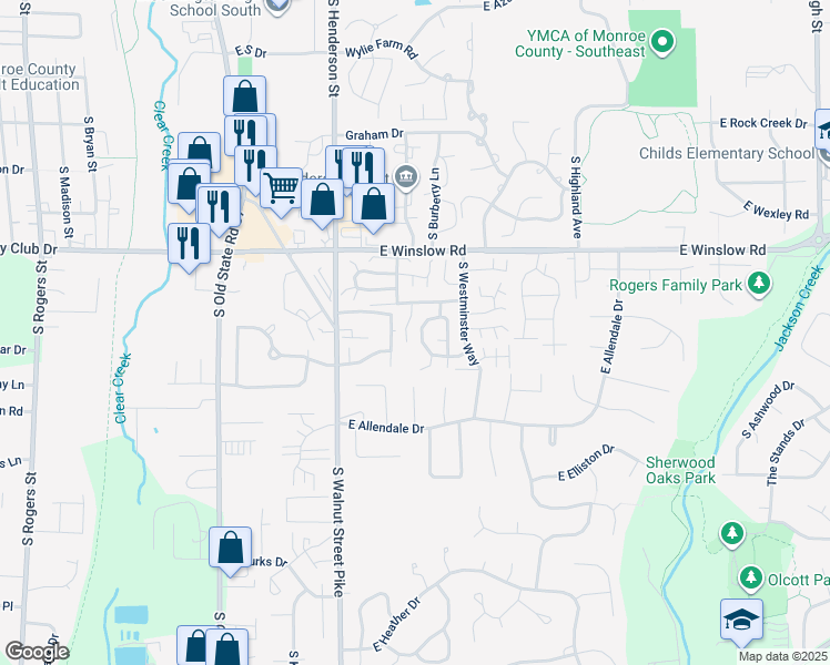 map of restaurants, bars, coffee shops, grocery stores, and more near 752 East Sherwood Hills Drive in Bloomington