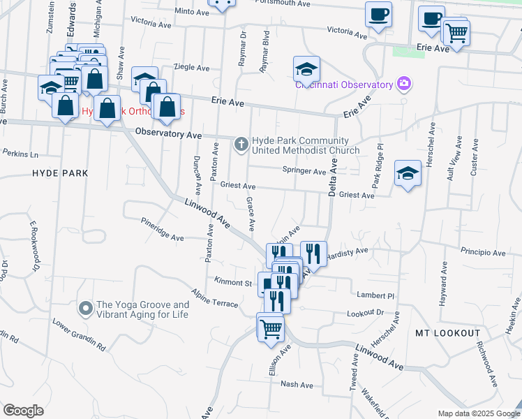 map of restaurants, bars, coffee shops, grocery stores, and more near 1242 Grace Avenue in Cincinnati