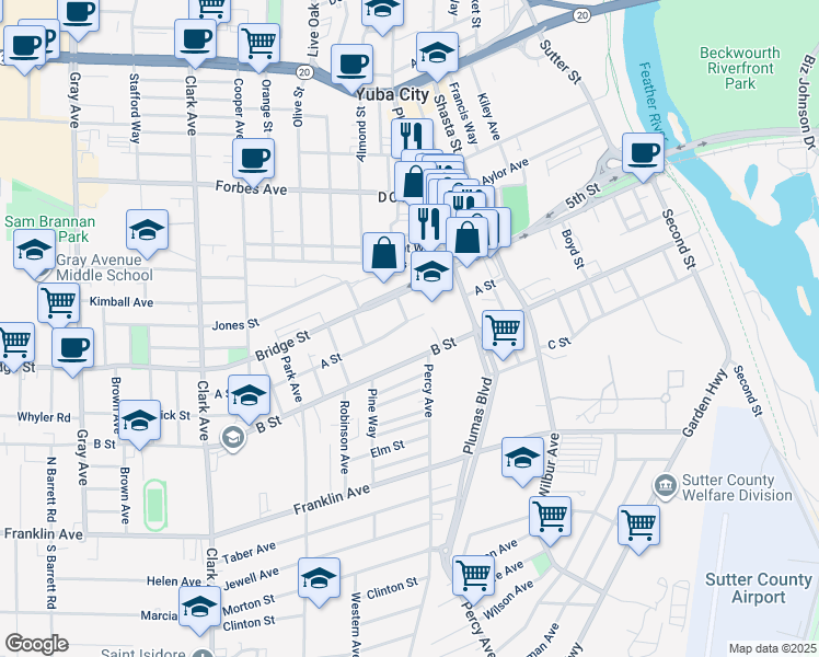 map of restaurants, bars, coffee shops, grocery stores, and more near 566 A Street in Yuba City