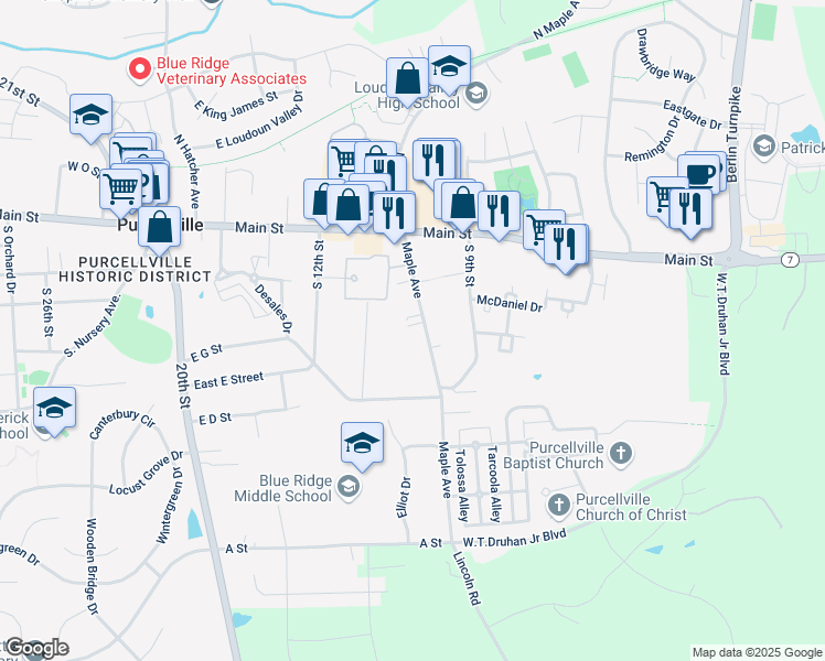 map of restaurants, bars, coffee shops, grocery stores, and more near 401 State Route 722 in Purcellville