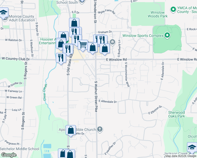 map of restaurants, bars, coffee shops, grocery stores, and more near 2893 South Walnut Street Pike in Bloomington