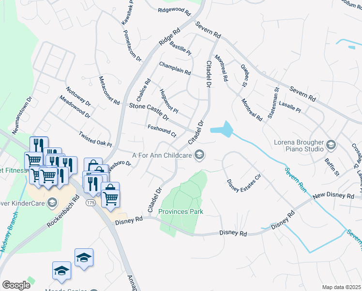 map of restaurants, bars, coffee shops, grocery stores, and more near 7930 Citadel Drive in Severn