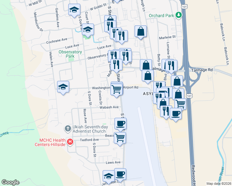 map of restaurants, bars, coffee shops, grocery stores, and more near 1208 South State Street in Ukiah