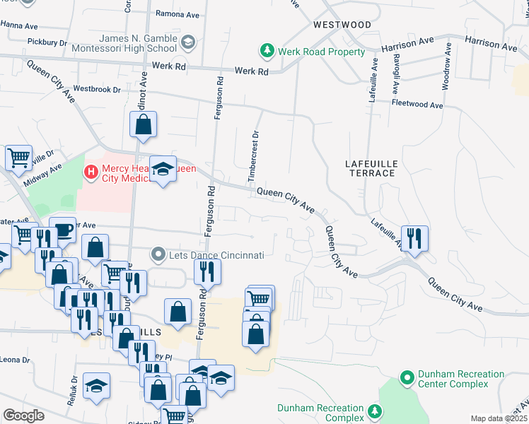 map of restaurants, bars, coffee shops, grocery stores, and more near 2902 Four Towers Drive in Cincinnati