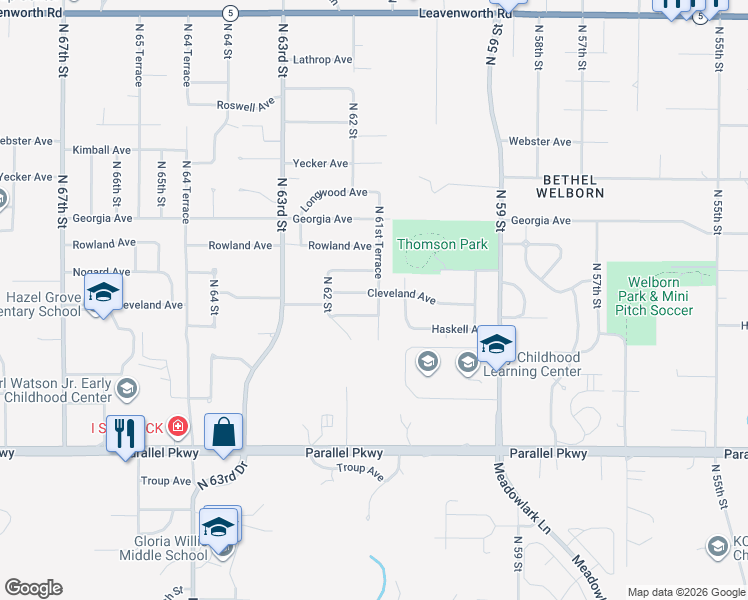 map of restaurants, bars, coffee shops, grocery stores, and more near 6115 Cleveland Ave in Kansas City