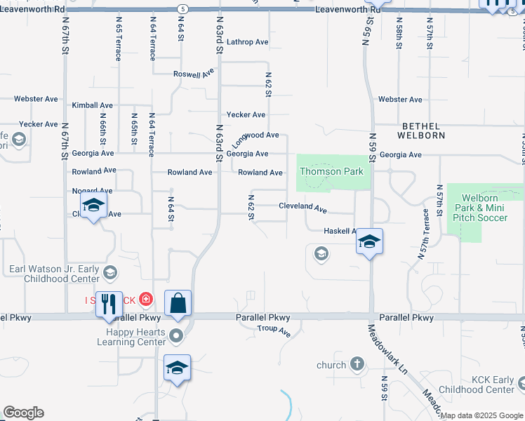 map of restaurants, bars, coffee shops, grocery stores, and more near 6143 Cleveland Avenue in Kansas City