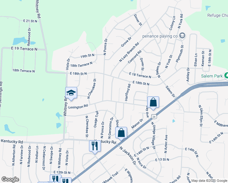 map of restaurants, bars, coffee shops, grocery stores, and more near 1611 N Lazy Branch Rd in Independence