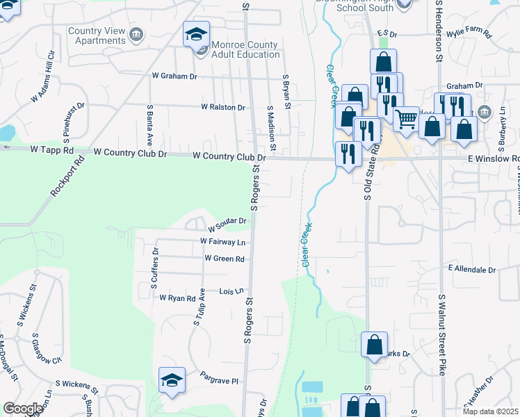 map of restaurants, bars, coffee shops, grocery stores, and more near 2923 South Rogers Street in Bloomington