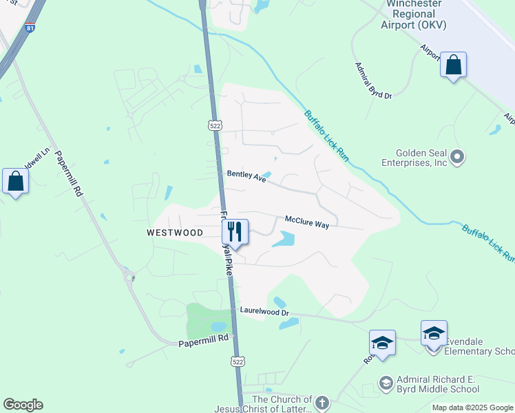 map of restaurants, bars, coffee shops, grocery stores, and more near 111 McClure Way in Winchester