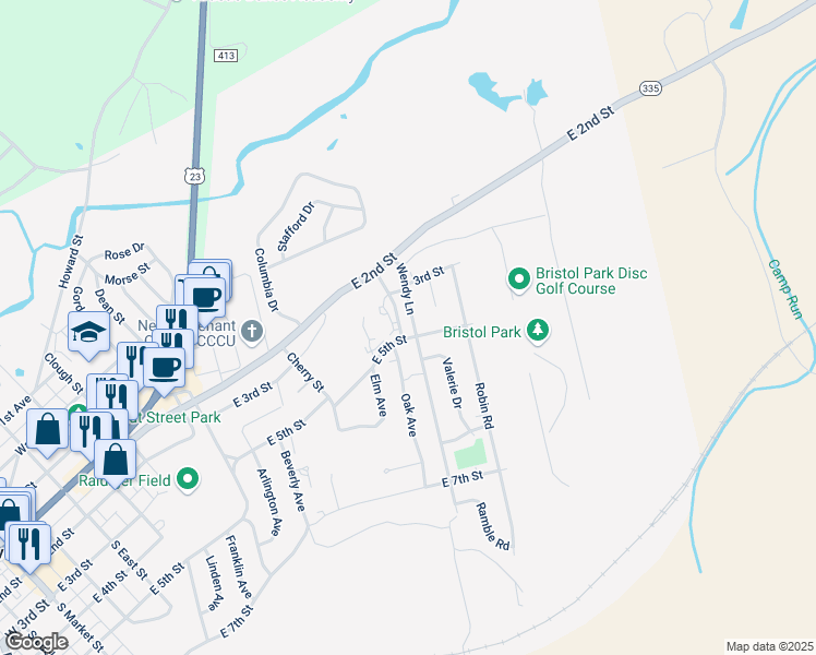 map of restaurants, bars, coffee shops, grocery stores, and more near 215 Wendy Lane in Waverly