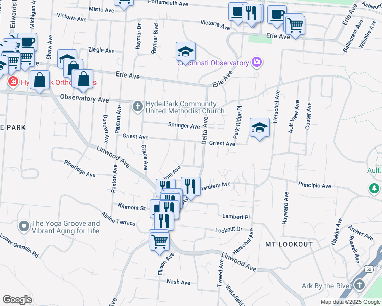 map of restaurants, bars, coffee shops, grocery stores, and more near 1225 Corbett Street in Cincinnati