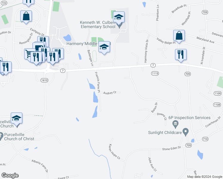 map of restaurants, bars, coffee shops, grocery stores, and more near 38166 Audrey Court in Hamilton