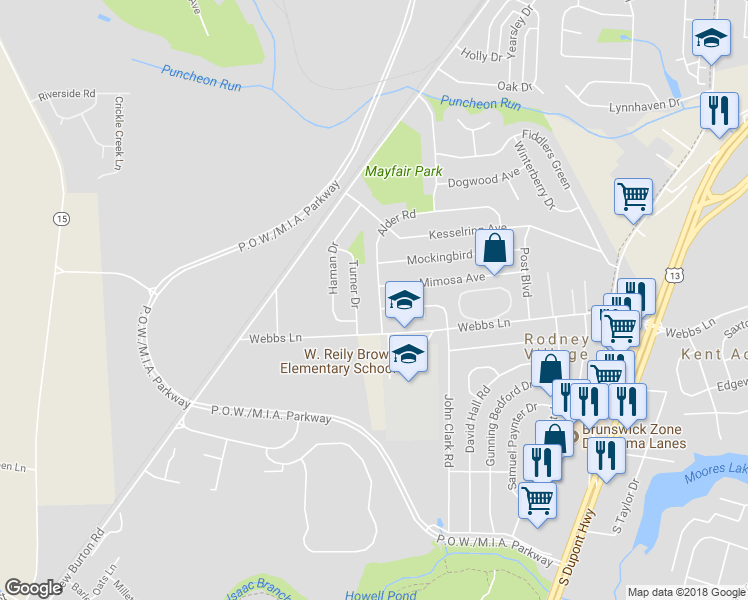 map of restaurants, bars, coffee shops, grocery stores, and more near 437 Alder Road in Dover