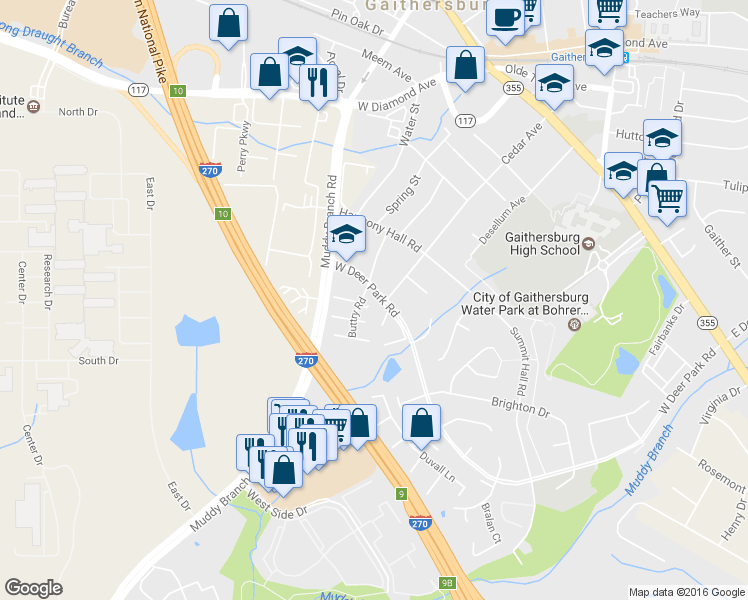 map of restaurants, bars, coffee shops, grocery stores, and more near 110 Middle Point Court in Gaithersburg