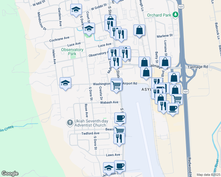 map of restaurants, bars, coffee shops, grocery stores, and more near 170 Washington Court in Ukiah