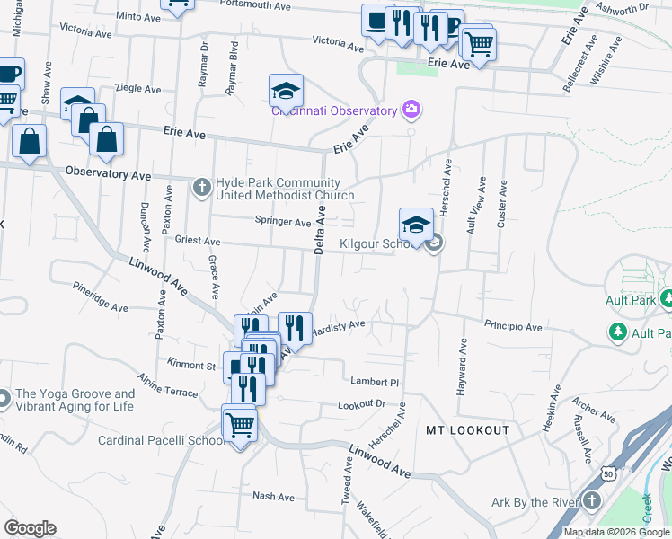 map of restaurants, bars, coffee shops, grocery stores, and more near 1211 Isis Avenue in Cincinnati
