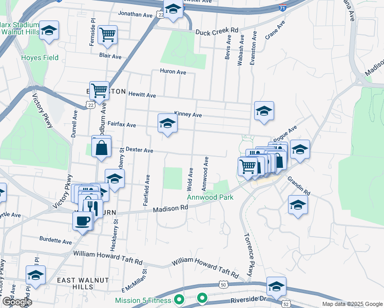 map of restaurants, bars, coffee shops, grocery stores, and more near 1906 Dexter Avenue in Cincinnati