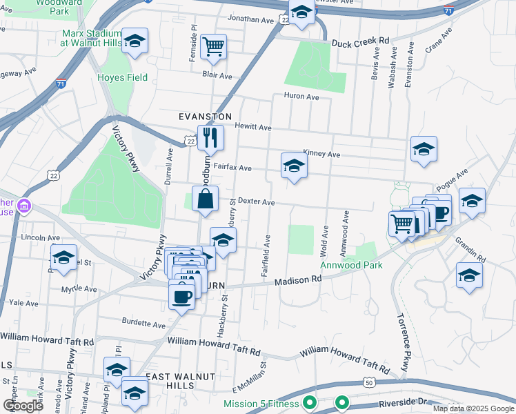 map of restaurants, bars, coffee shops, grocery stores, and more near 3055 Fairfield Avenue in Cincinnati