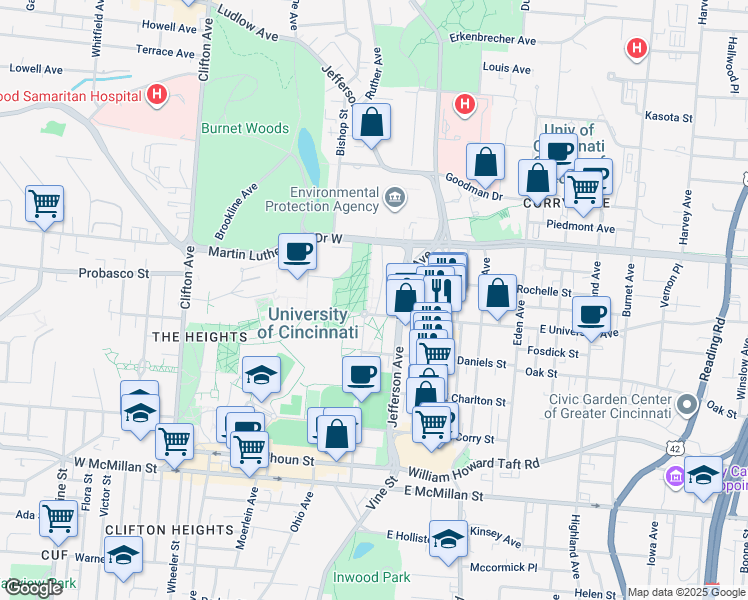 map of restaurants, bars, coffee shops, grocery stores, and more near 40 West University Avenue in Cincinnati