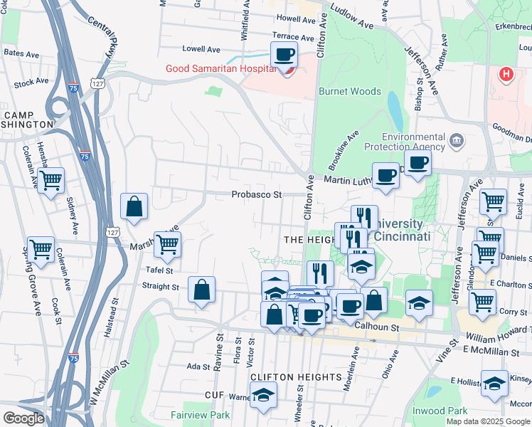 map of restaurants, bars, coffee shops, grocery stores, and more near 2811 Stratford Avenue in Cincinnati