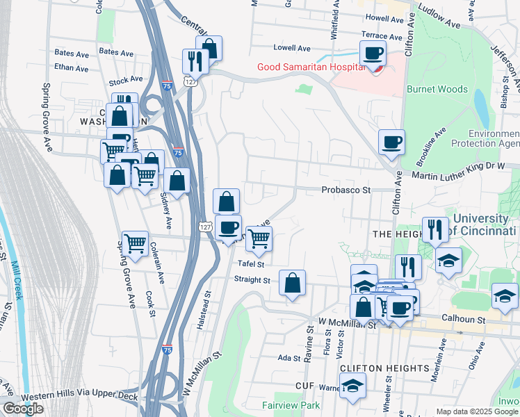 map of restaurants, bars, coffee shops, grocery stores, and more near 2863 Marshall Avenue in Cincinnati