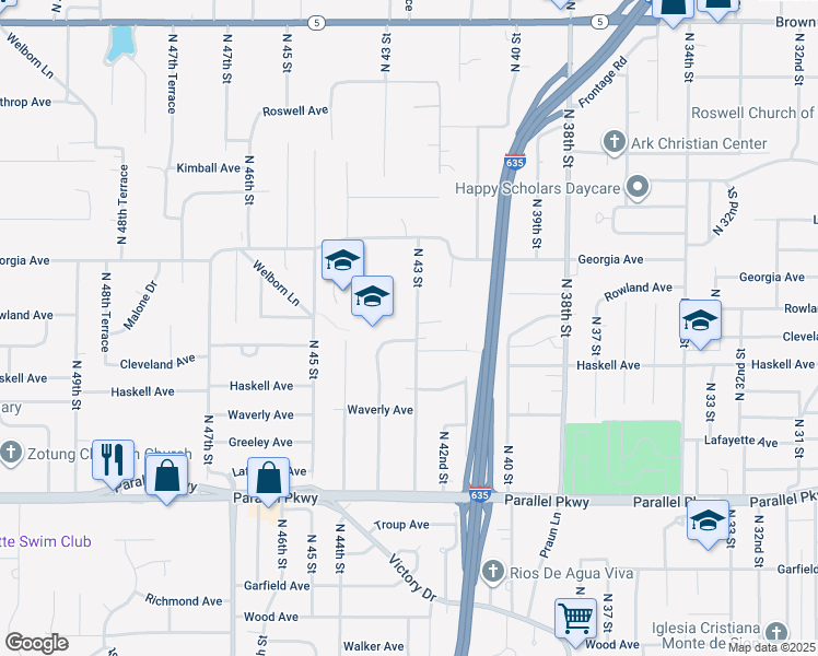 map of restaurants, bars, coffee shops, grocery stores, and more near 2500 North 43rd Street in Kansas City