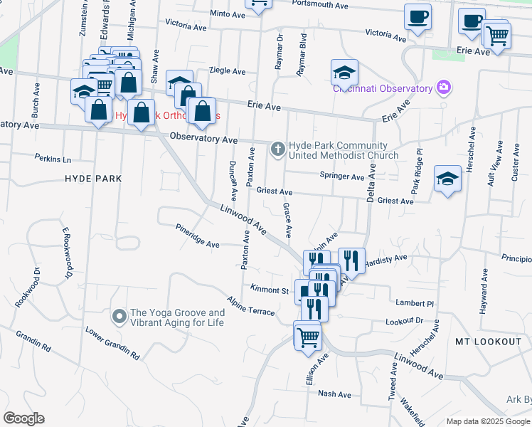 map of restaurants, bars, coffee shops, grocery stores, and more near 2917 Utopia Place in Cincinnati