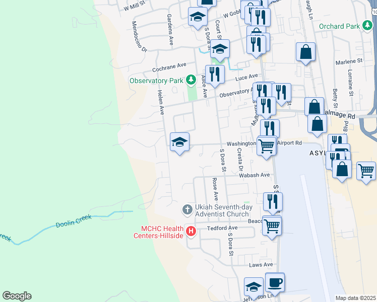 map of restaurants, bars, coffee shops, grocery stores, and more near 495 Washington Avenue in Ukiah