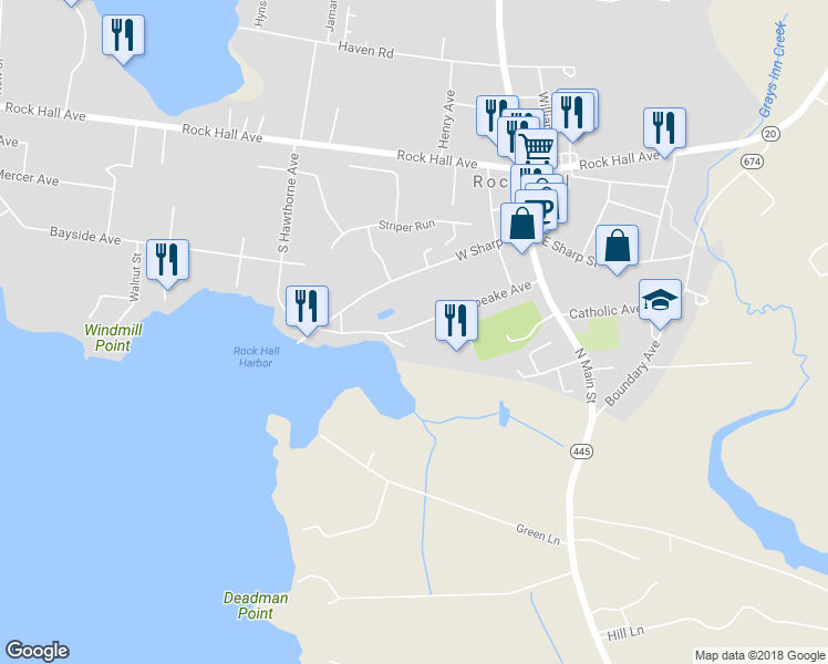 map of restaurants, bars, coffee shops, grocery stores, and more near 21173 Chesapeake Avenue in Rock Hall