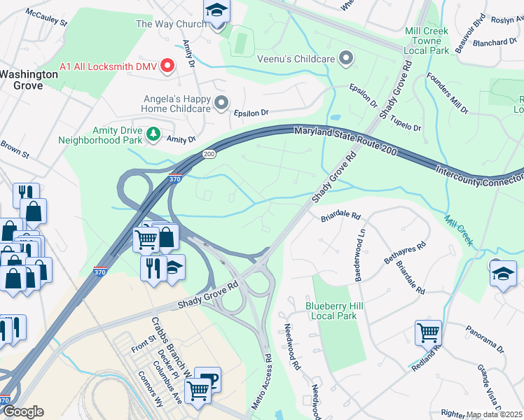 map of restaurants, bars, coffee shops, grocery stores, and more near 7801 Briardale Terrace in Rockville