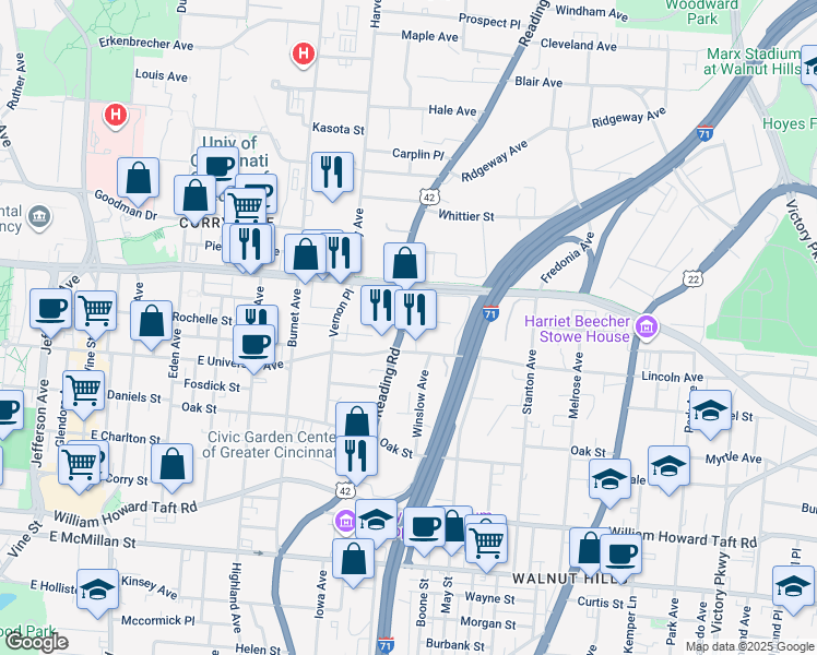 map of restaurants, bars, coffee shops, grocery stores, and more near 3010 Reading Road in Cincinnati
