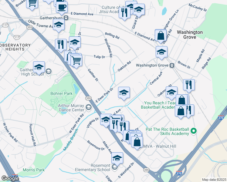 map of restaurants, bars, coffee shops, grocery stores, and more near 102 West Deer Park Road in Gaithersburg
