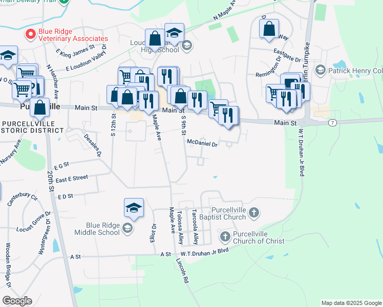 map of restaurants, bars, coffee shops, grocery stores, and more near 233 Frazer Drive in Purcellville