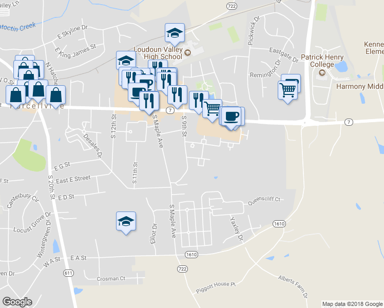 map of restaurants, bars, coffee shops, grocery stores, and more near 233 Frazer Drive in Purcellville