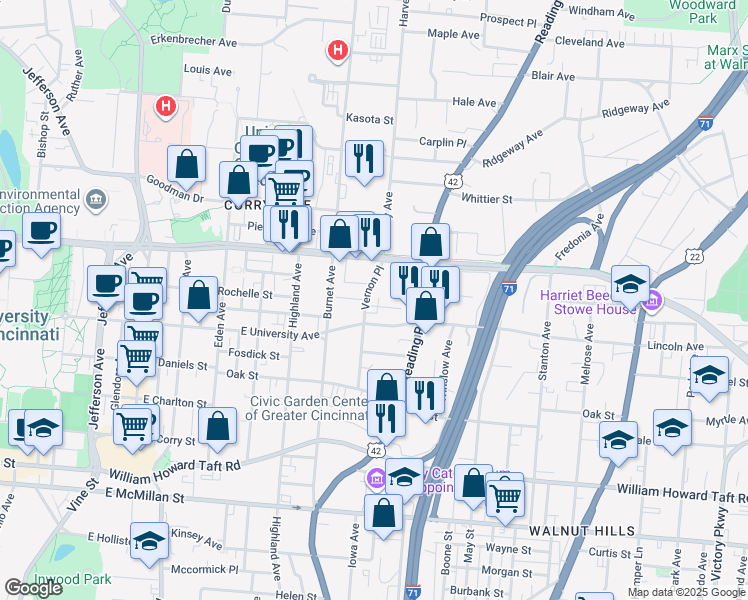 map of restaurants, bars, coffee shops, grocery stores, and more near 3000 Vernon Place in Cincinnati