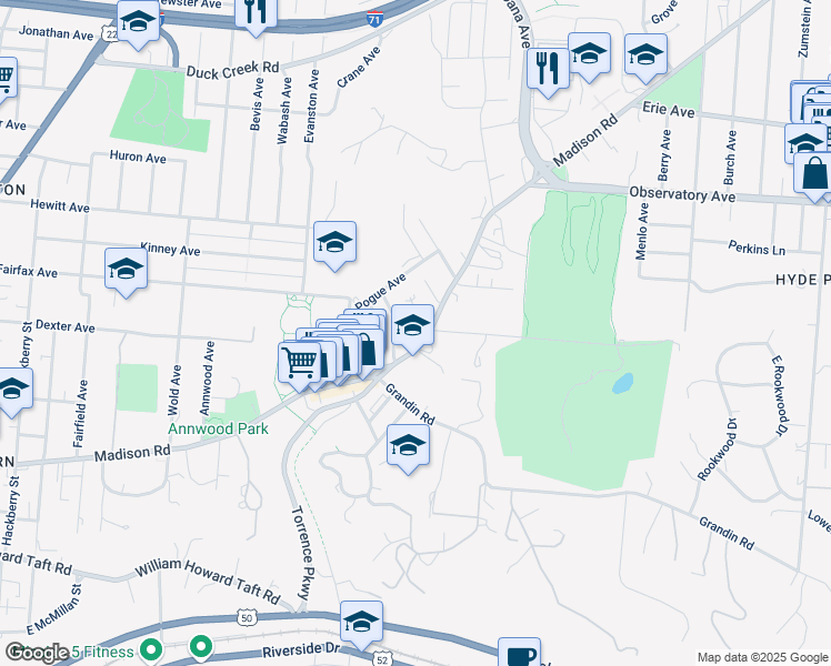 map of restaurants, bars, coffee shops, grocery stores, and more near 2150 Madison Road in Cincinnati
