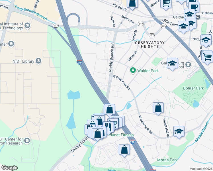 map of restaurants, bars, coffee shops, grocery stores, and more near 9921 Killarney Lane in Gaithersburg