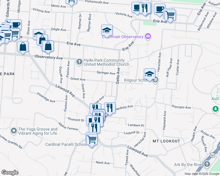map of restaurants, bars, coffee shops, grocery stores, and more near 1227 Corbett Street in Cincinnati