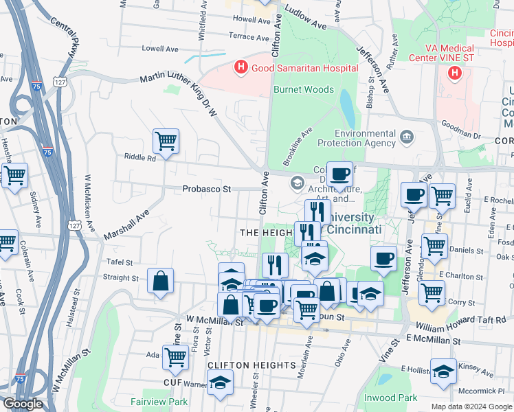 map of restaurants, bars, coffee shops, grocery stores, and more near 2821 Clifton Avenue in Cincinnati