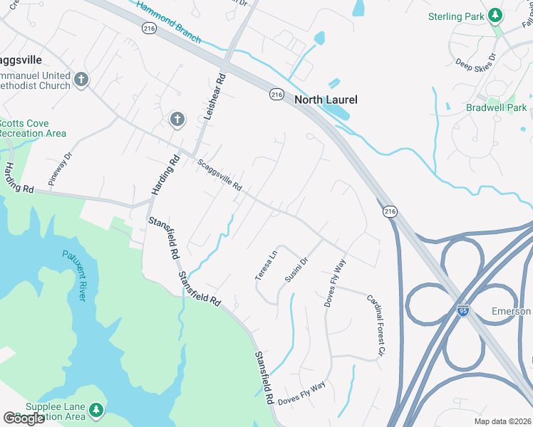 map of restaurants, bars, coffee shops, grocery stores, and more near 10407 Scaggsville Road in Laurel
