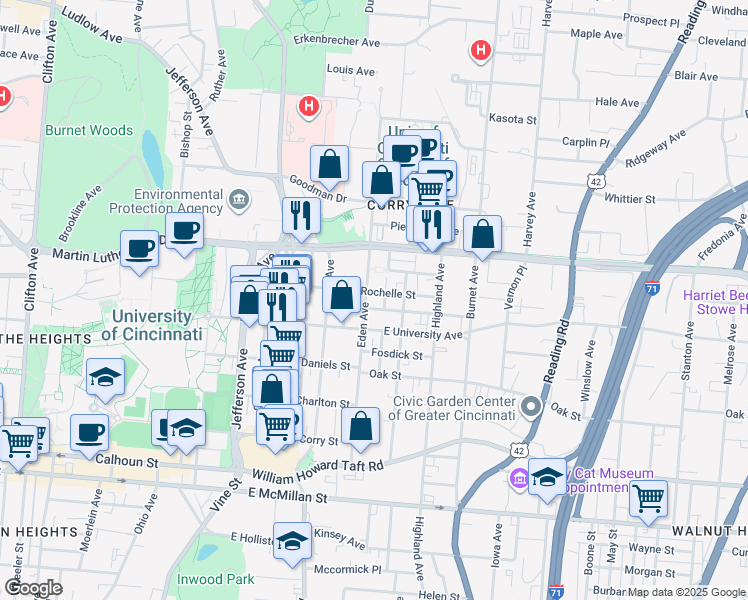map of restaurants, bars, coffee shops, grocery stores, and more near 205 East Rochelle Street in Cincinnati
