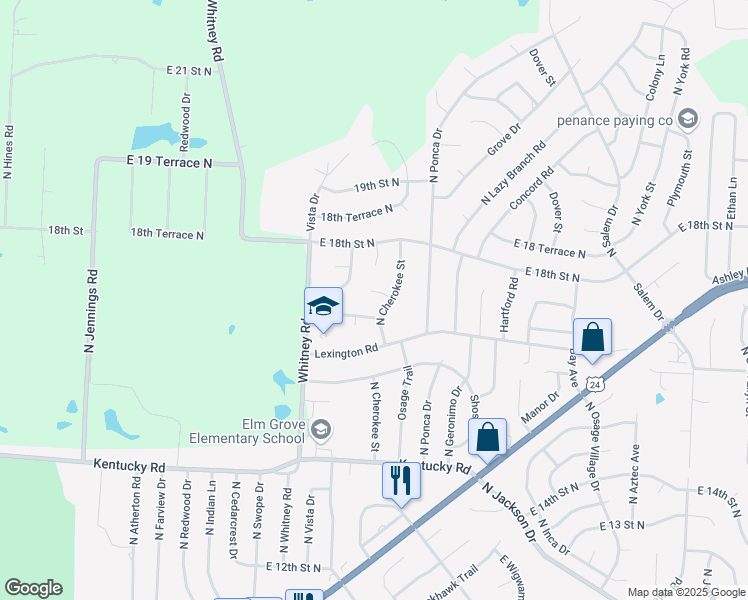 map of restaurants, bars, coffee shops, grocery stores, and more near 18205 East 17th Street Court North in Independence