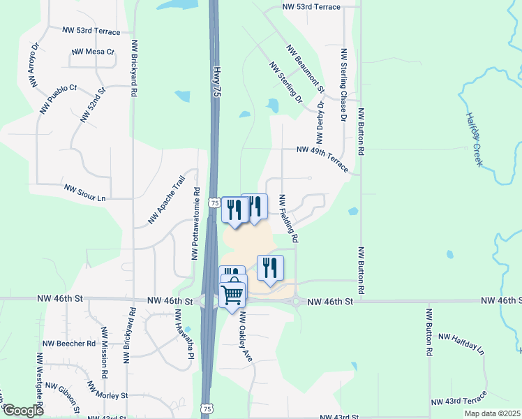 map of restaurants, bars, coffee shops, grocery stores, and more near 4817 Northwest Astor Park Drive in Topeka