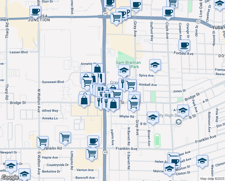 map of restaurants, bars, coffee shops, grocery stores, and more near 798 North Palora Avenue in Yuba City