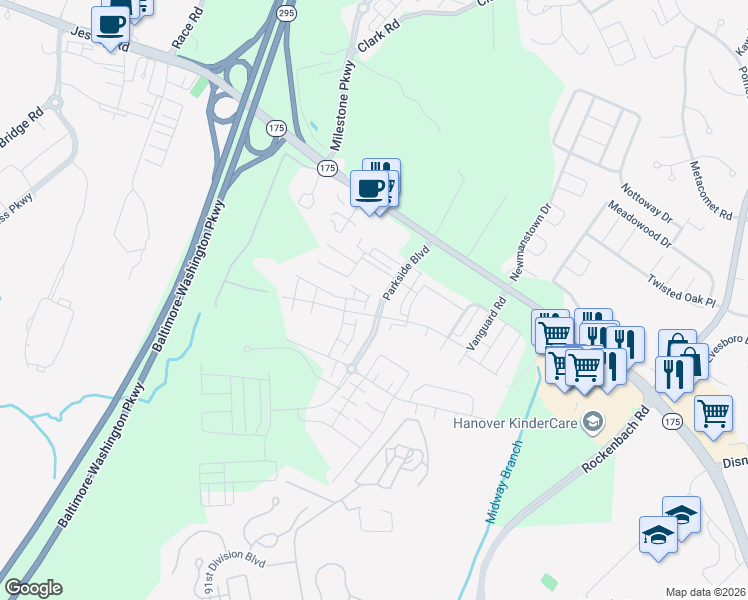 map of restaurants, bars, coffee shops, grocery stores, and more near 2909 Middleham Court in Hanover