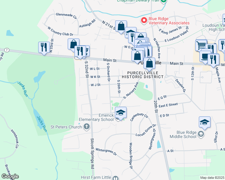 map of restaurants, bars, coffee shops, grocery stores, and more near 320 South Orchard Drive in Purcellville